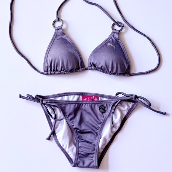Puma Gray Triangle Bikini Set with Tie-Side Bottoms